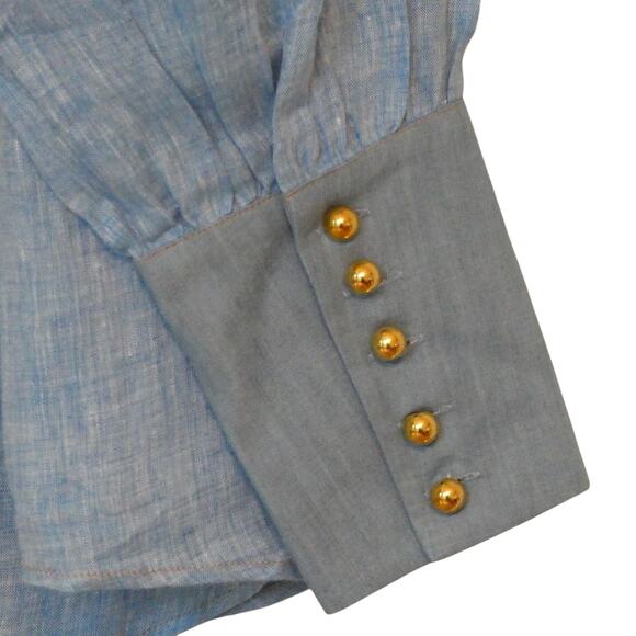 NWT Tuckernuck Mirabella Ruffle Chambray Linen Blouse Shirt Gold Buttons Blue XL - Picture 6 of 10